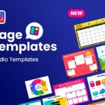 Graphic showcasing new 'Audio Page Templates' for educators, featuring a variety of interactive templates on a blue background.