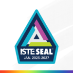 Image of the ISTE Seal of Alignment badge for January 2025 to 2027, featuring a triangular design with vibrant blue, green, and pink elements and a modern logo style.