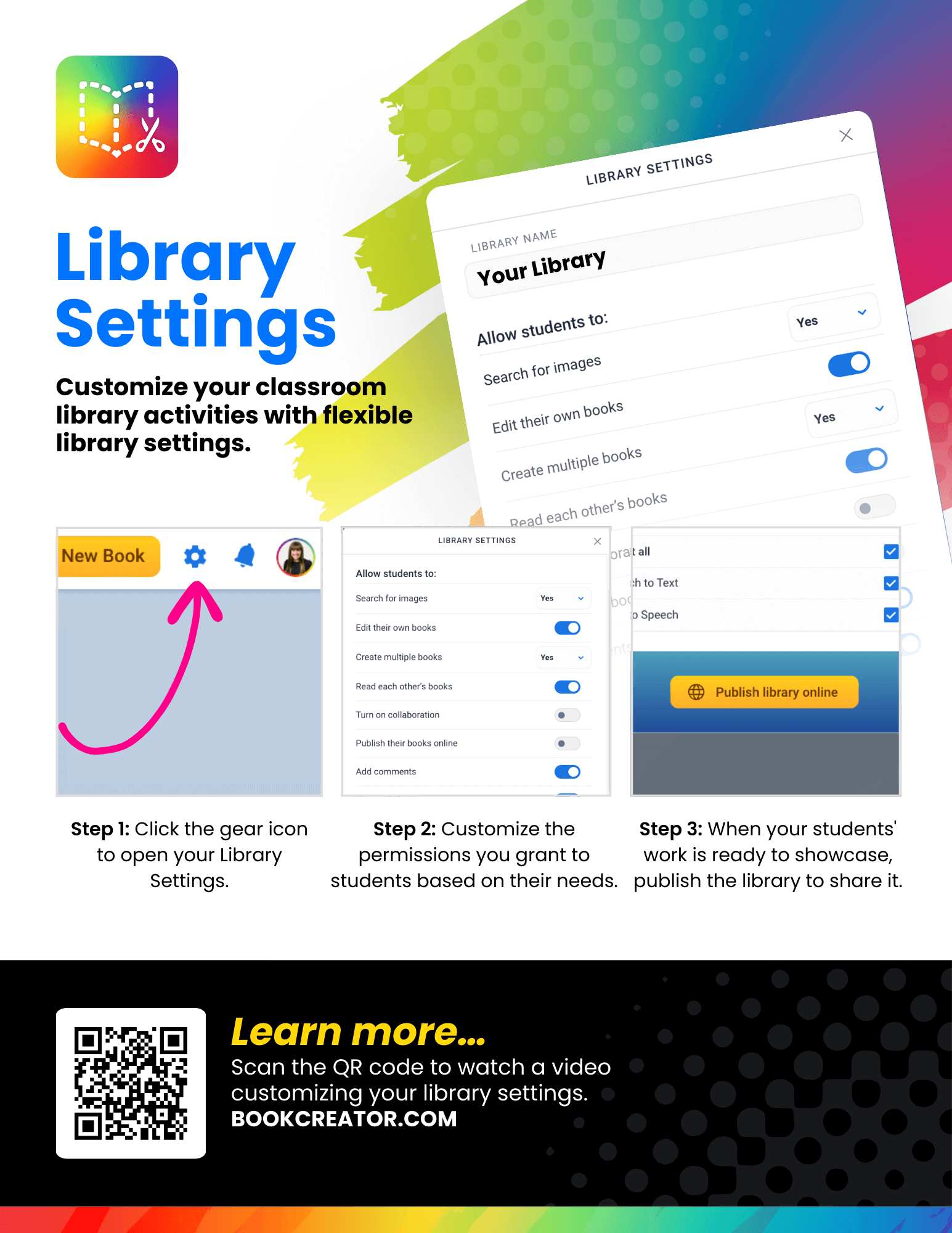 A colorful instructional graphic titled "Library Settings" guides educators on customizing classroom library activities in Book Creator using flexible settings. At the top, the Book Creator logo (a gradient-colored open book) appears on the left, with a vibrant background featuring a green, yellow, and blue gradient with a paintbrush stroke effect. The main content consists of three steps with accompanying screenshots: Step 1: Click the gear icon to open your Library Settings. (Screenshot shows a pink arrow pointing to the gear icon next to the "New Book" button). Step 2: Customize the permissions granted to students based on their needs. (Screenshot displays a settings panel with toggles for options like "Search for images," "Edit their own books," and "Create multiple books"). Step 3: When students' work is ready to be shared, publish the library. (Screenshot shows a "Publish library online" button). At the bottom, a black banner with yellow text reads: "Learn more..." Users are encouraged to scan a QR code to watch a tutorial video on customizing library settings in Book Creator. The website URL, BOOKCREATOR.COM, is displayed. The design is bright, modern, and engaging, using bold fonts and vibrant visuals.